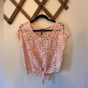 Lace pink cap sleeve top; tie front